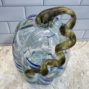 Hand Blown Art Glass Pumpkin 8" Blue Twisted Reeded Stem Excellent Condition